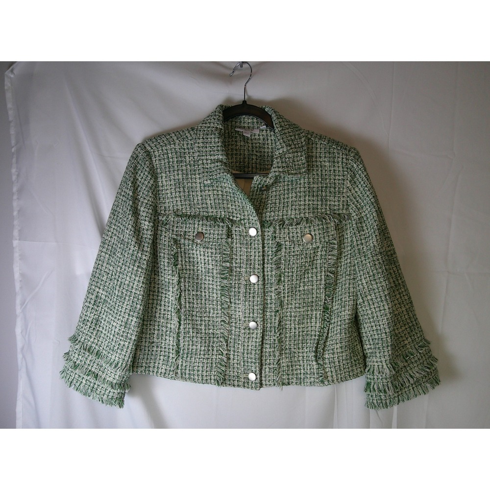 Chico's Green White Tweed Fringe Trucker Jacket Blazer‎ Womens Size 1.5P 10P